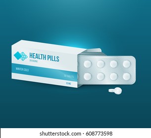 Template branding blue design for paper packaging or boxes with tablets blister. Advertising medical products for health and beauty. 3d blank vector mockup drugs.