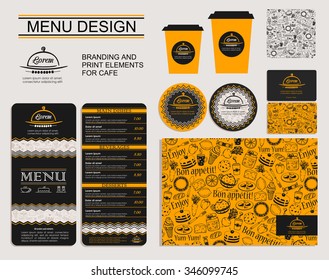 Template for branding identity restaurant or cafe. Set of menu, business cards, labels. Bright design concept in black and yellow.