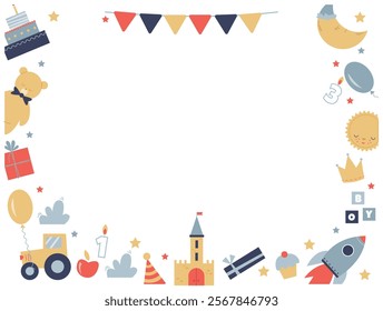 template of a bright children's frame with cute toys and empty space in the middle 