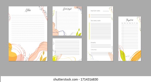 Template of bright and colorful organization sheets. List Notes, Things to do, don't forget, grateful day, planner, secondary and high tasks