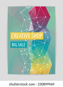Template bright creative design for flyer with grid, bright figure, polygonal backdrop. Proportionally: A4 
