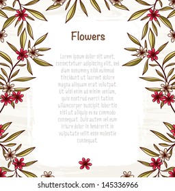 Template with bright flowers and leaves composition on light grunge texture. Summer mood. Vector file has few layers for easy using.