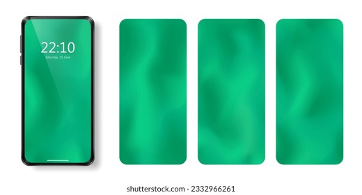 Template of bright green background for cellphone. Vector emerald phone screen wallpaper with blurred wavy fluid gradient. Set of vertical digital backdrop, display with silk or satin texture cover