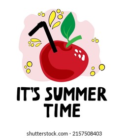 Template for a bright summer card or poster with a red apple, hand-drawn doodle in a flattened style. Summer. An apple with a lemonade straw. Handwritten text. 