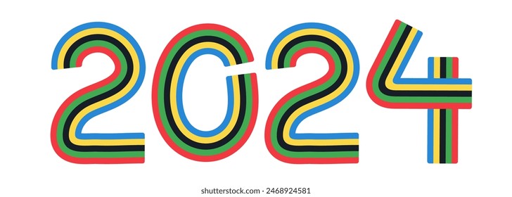 Template of bright text number 2024 with multicolored stripes, ribbons, flags, lines isolated on transparent background. Colorful lettering, font, logo for international sport competition