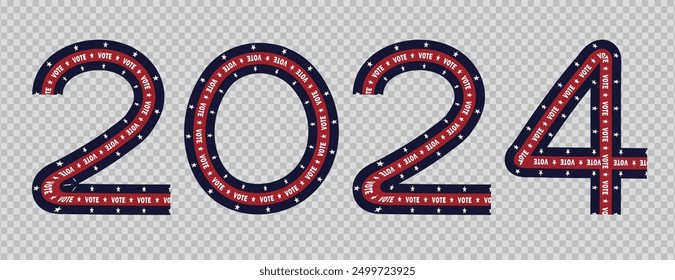 Template of bright text number "2024" and words "VOTE" inside ribbons in red, white, and blue colors conveys the importance of voting in the USA Presidential Election. Transparent background