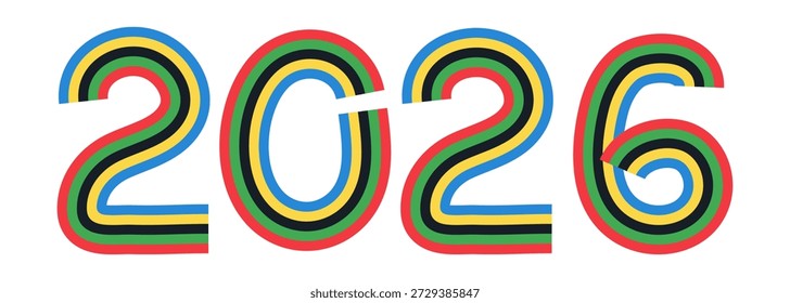 Plantilla de texto brillante número 2026 con rayas de colores, cintas, banderas, líneas aisladas sobre fondo transparente. Letras coloridas, fuente, logotipo para juegos deportivos internacionales, campeonato mundial en Italia