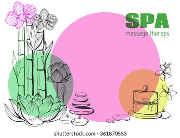 Template bright vector card. Accessories for SPA procedure. Set of vector hand drawn elements. Natural stones, flowers, candle. Sketch. 
