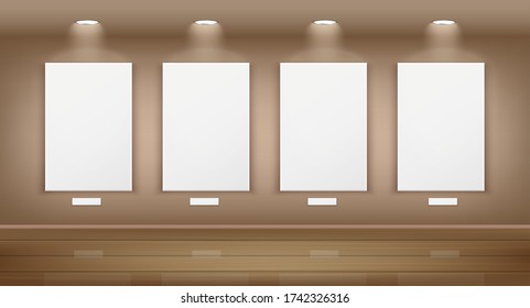 Template of brightly illuminated gallery interior with white blank pictures canvas or empty posters hanging on wooden wall, realistic vector illustration.