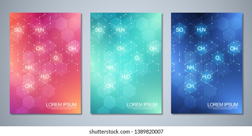 Template brochure or cover with abstract chemistry background of chemical formulas and molecular structures. Science and innovation technology concept