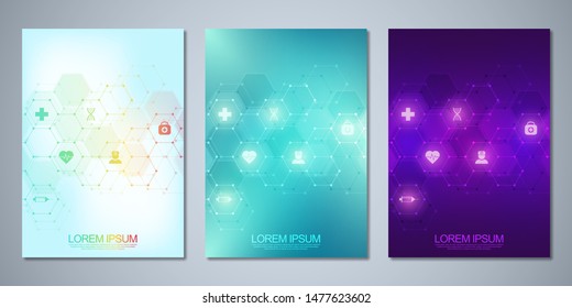 Template brochure or cover book, page layout, flyer design. Concept and idea for health care business, innovation medicine, pharmacy, technology. Medical background with flat icons and symbols.