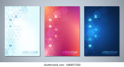 Template brochure or cover book, page layout, flyer design. Concept and idea for health care business, innovation medicine, pharmacy, technology. Medical background with flat icons and symbols.