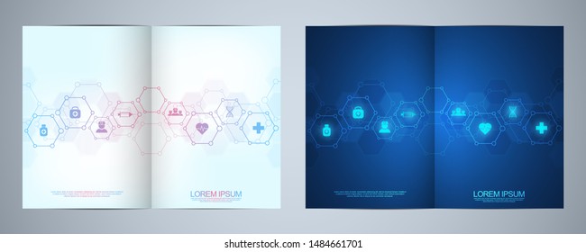 Template brochure or cover book, page layout, flyer design. Concept and idea for health care business, innovation medicine, pharmacy, technology. Medical background with flat icons and symbols.
