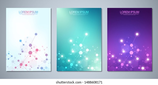 Template brochure or cover book, page layout, flyer design with abstract background of molecular structures and DNA strand. Concept and idea for innovation technology, medical research, science.