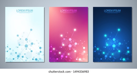 Template brochure or cover book, page layout, flyer design with abstract background of molecular structures and DNA strand. Concept and idea for innovation technology, medical research, science.