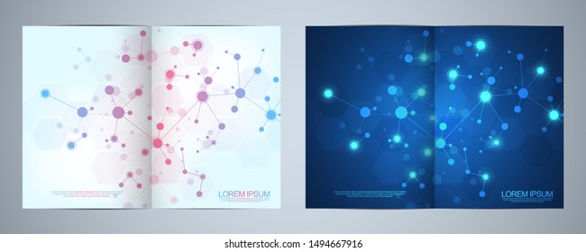 Template brochure or cover book, page layout, flyer design with abstract background of molecular structures and DNA strand. Concept and idea for innovation technology, medical research, science.