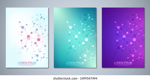 Template brochure or cover book, page layout, flyer design with abstract background of molecular structures and DNA strand. Concept and idea for innovation technology, medical research, science.