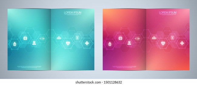Template brochure or cover book, page layout, flyer design. Concept and idea for health care business, innovation medicine, pharmacy, technology. Medical background with flat icons and symbols.