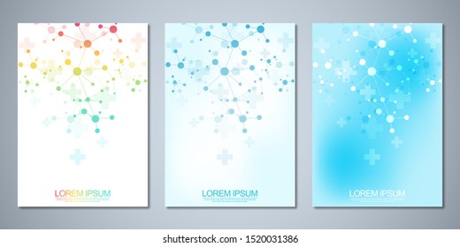 Template brochure or cover book, page layout, flyer design with abstract background of molecular structures and DNA strand. Concept and idea for innovation technology, medical research, science.