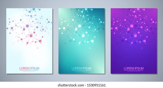 Template brochure or cover book, page layout, flyer design with abstract background of molecular structures and DNA strand. Concept and idea for innovation technology, medical research, science