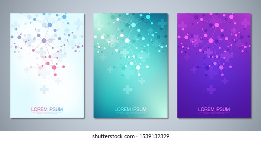 Template brochure or cover book, page layout, flyer design with abstract background of molecular structures and DNA strand. Concept and idea for innovation technology, medical research, science.