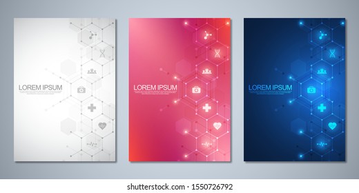 Template brochure or cover book, page layout, flyer design. Concept and idea for health care business, innovation medicine, pharmacy, technology. Medical background with flat icons and symbols.