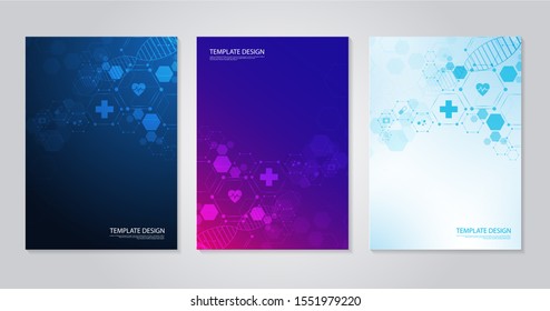 Template Brochure Or Cover Book, Page Layout, Flyer Design. Concept And Idea For Health Care, Technology. Science Icon Pattern Medical Innovation Concept. Vector Design.