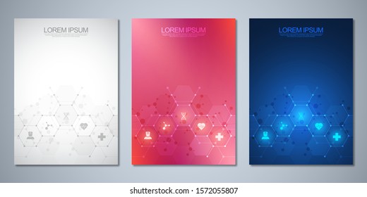 Template brochure or cover book, page layout, flyer design. Concept and idea for health care business, innovation medicine, pharmacy, technology. Medical background with flat icons and symbols