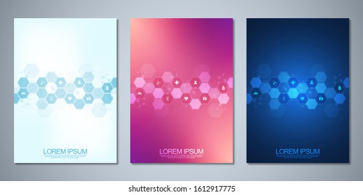 Template brochure or cover book, page layout, flyer design. Concept and idea for health care business, innovation medicine, pharmacy, technology. Medical background with flat icons and symbols