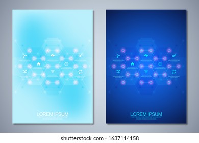 Template brochure or cover book, page layout, flyer design with technological background and flat icons and symbols. Concept and idea for innovation technology and communication
