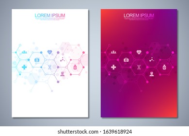 Template brochure or cover book, page layout, flyer design. Concept and idea for health care business, innovation medicine, pharmacy, technology. Hexagon Medical background with flat icons and symbols