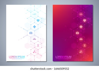 Template brochure or cover book, page layout, flyer design. Concept and idea for health care business, innovation medicine, pharmacy, technology. Medical background with flat icons and symbols