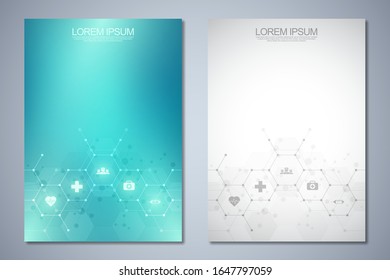 Template brochure or cover book, page layout, flyer design. Concept and idea for health care business, innovation medicine, pharmacy, technology. Medical background with flat icons and symbols