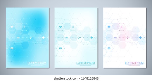 Template brochure or cover book, page layout, flyer design. Concept and idea for health care business, innovation medicine, pharmacy, technology. Medical background with flat icons and symbols