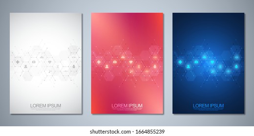 Template brochure or cover book, page layout, flyer design. Concept and idea for health care business, innovation medicine, pharmacy, technology. Medical background with flat icons and symbols