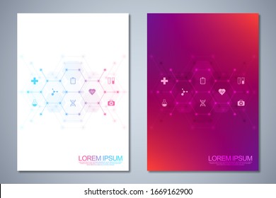 Template brochure or cover book, page layout, flyer design. Concept and idea for health care business, innovation medicine, pharmacy, technology. Medical background with flat icons and symbols