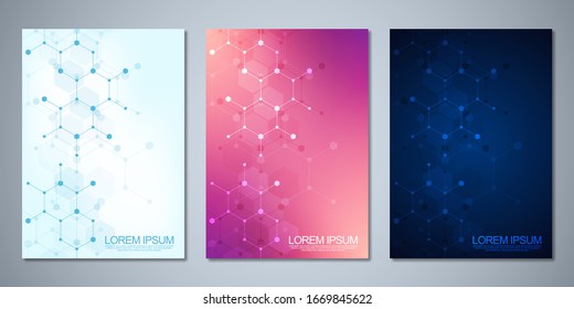 Template brochure or cover book, page layout, flyer design with molecular structures background and chemical engineering. Concept and idea for medicine, innovative technology, and science.