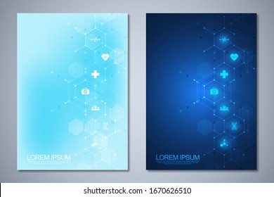 Template brochure or cover book, page layout, flyer design. Concept and idea for health care business, innovation medicine, pharmacy. Geometric hexagon technology medical background with flat icons and symbols