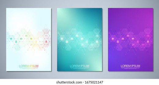 Template brochure or cover book, page layout, flyer design. Concept and idea for health care business, innovation medicine, pharmacy, technology. Medical background with flat icons and symbols