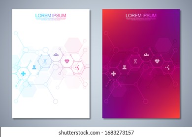 Template brochure or cover book, page layout, flyer design. Concept and idea for health care business, innovation medicine, pharmacy, technology. Medical background with flat icons and symbols