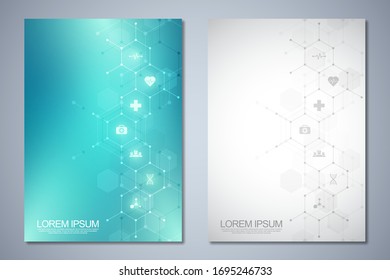 Folleto de plantilla o portada, diseño de página, diseño de volante. Concepto e idea para el negocio de la salud, la medicina de la innovación, la farmacia, la tecnología. Fondo médico con iconos y símbolos planos
