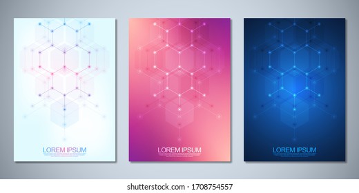 Template brochure or cover book, page layout, flyer design with molecular structures background and chemical engineering. Concept and idea for medicine, innovative technology, and science.