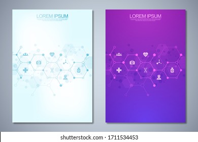 Template brochure or cover book, page layout, flyer design. Concept and idea for health care business, innovation medicine, pharmacy, technology. Medical background with flat icons and symbols