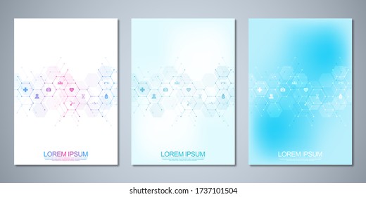 Template brochure or cover book, page layout, flyer design. Concept and idea for health care business, innovation medicine, pharmacy, technology. Medical background with flat icons and symbols