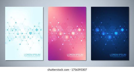 Template brochure or cover book, page layout, flyer design. Concept and idea for health care business, innovation medicine, pharmacy, technology. Medical background with flat icons and symbols