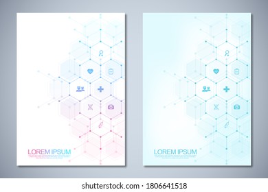 Template brochure or cover book, page layout, flyer design. Concept and idea for health care business, innovation medicine, pharmacy, technology. Medical background with flat icons and symbols