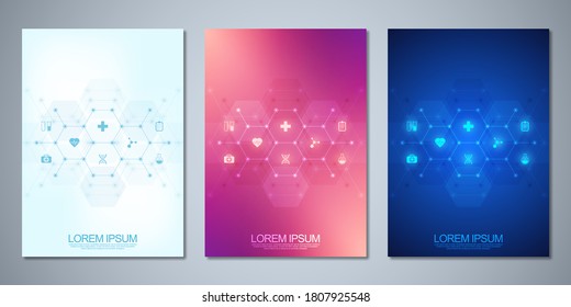 Template brochure or cover book, page layout, flyer design. Concept and idea for health care business, innovation medicine, pharmacy, technology. Medical background with flat icons and symbols