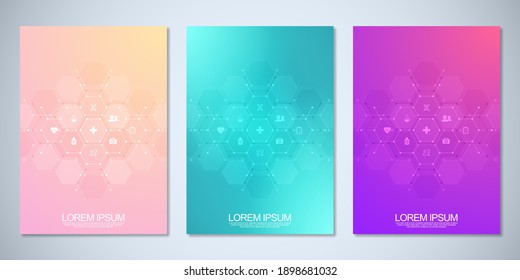 Template brochure or cover book, page layout, flyer design. Concept and idea for health care business, innovation medicine, pharmacy, technology. Medical background with flat icons and symbols