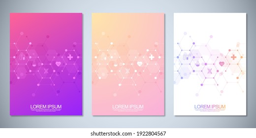 Template brochure or cover book, page layout, flyer design. Concept and idea for health care business, innovation medicine, pharmacy, technology. Medical background with flat icons and symbols