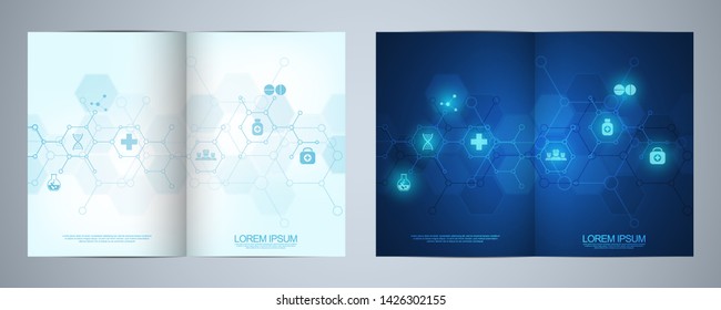 Template brochure or cover design, book, flyer,  with medical icons and symbols. Healthcare, science and medicine technology concept